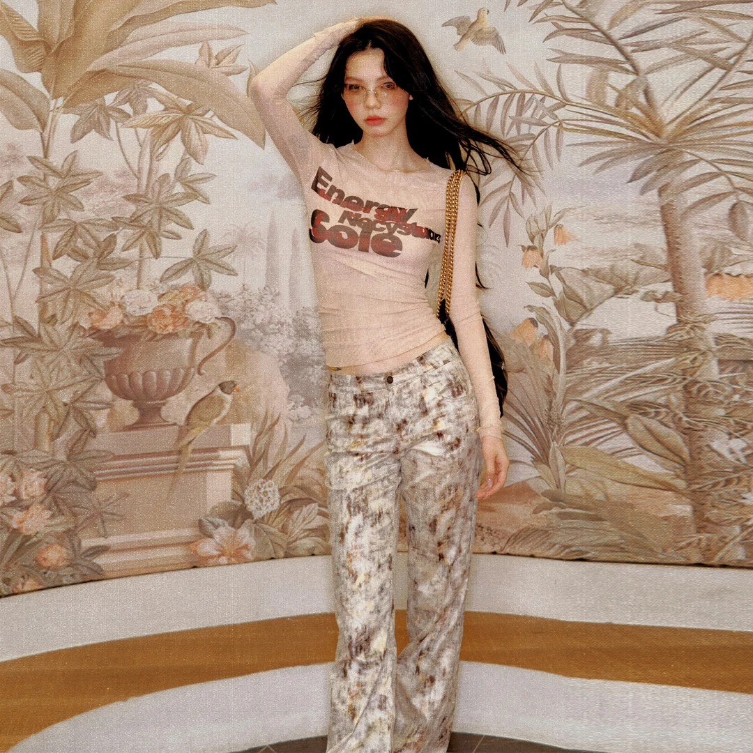 NECY 双层网纱印花长袖 美式辣妹上衣复古设计师