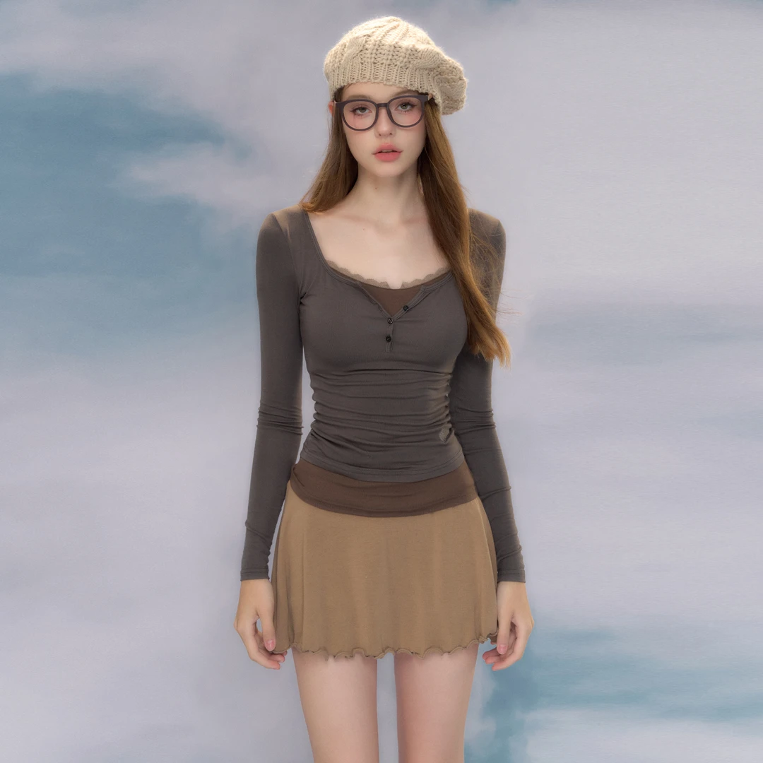 NECY假两件蕾丝拼接修身纯欲修身打底衫莫代尔棉ins百搭