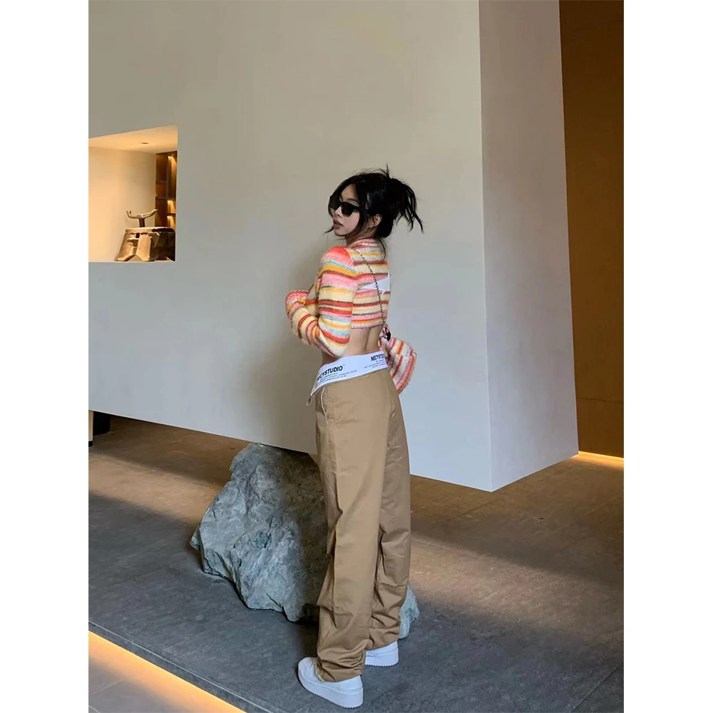 NECYSTUDIO双色翻折裤长裤直筒休闲宽松设计感微胖女生裤子夏季