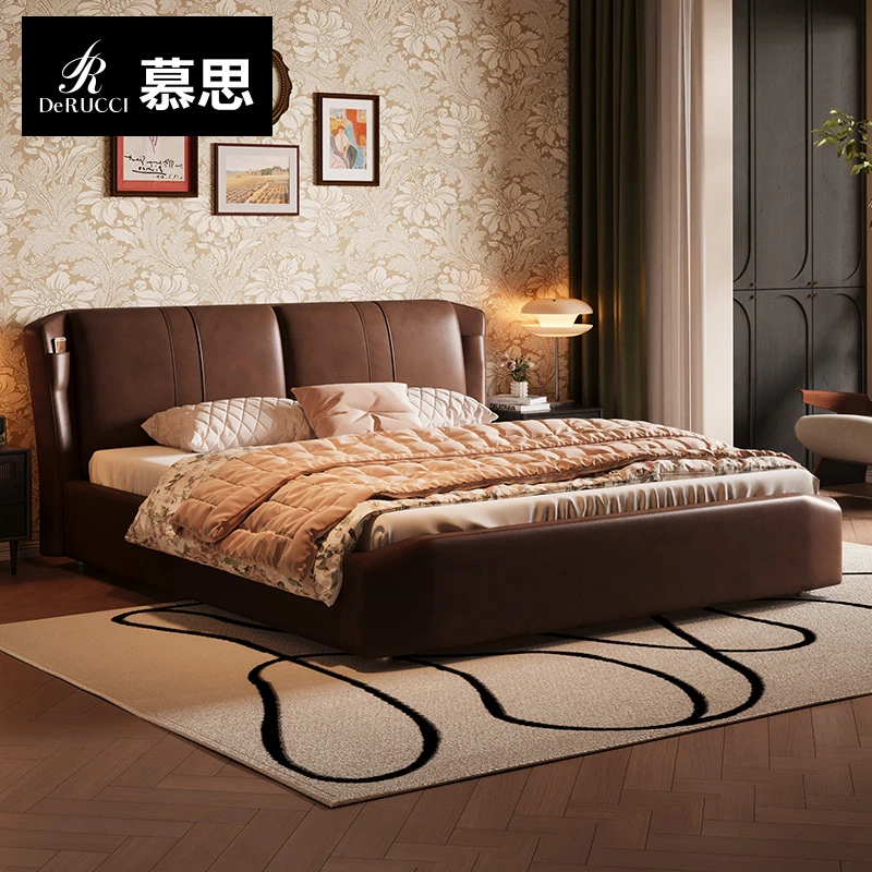 慕思皮床简约卧室家具头层牛皮主卧双人黑色大床轻奢王者荣耀003