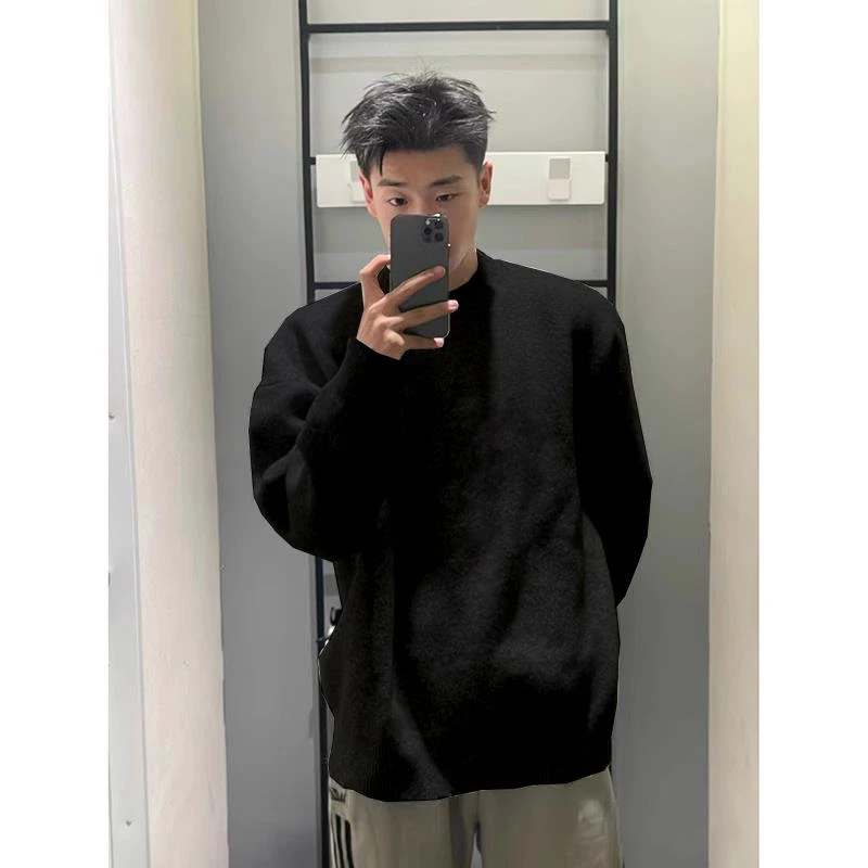 cleanfit黑色正肩毛衣宽松慵懒风打底针织衫男秋冬款韩系情侣上衣