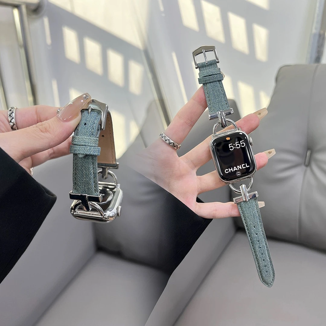 D字扣金属拼牛仔皮表带适用于苹果手表S10通用applewatchS9表带S8