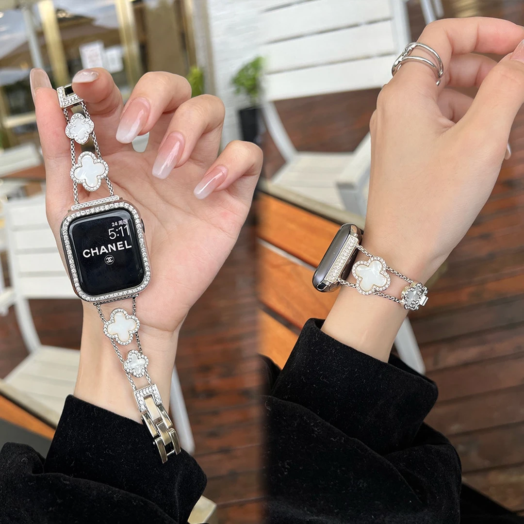 四叶草贝母金属链条表带适用苹果手表S10applewatchS9代S8表带SE2
