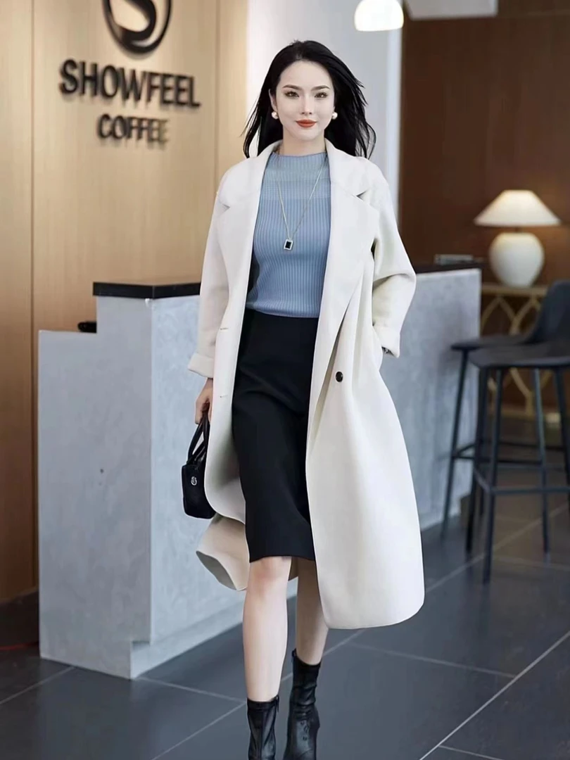 秋冬设计师新款时尚百搭气质网红长款双排扣女士高档毛呢大衣