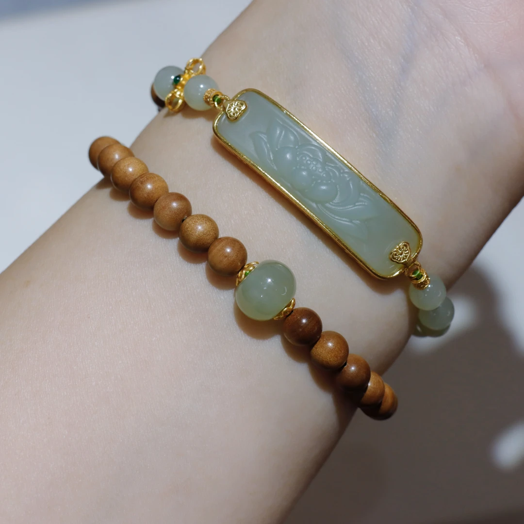 印度老山檀香横纹6mm配和田玉双圈手串【花晨】