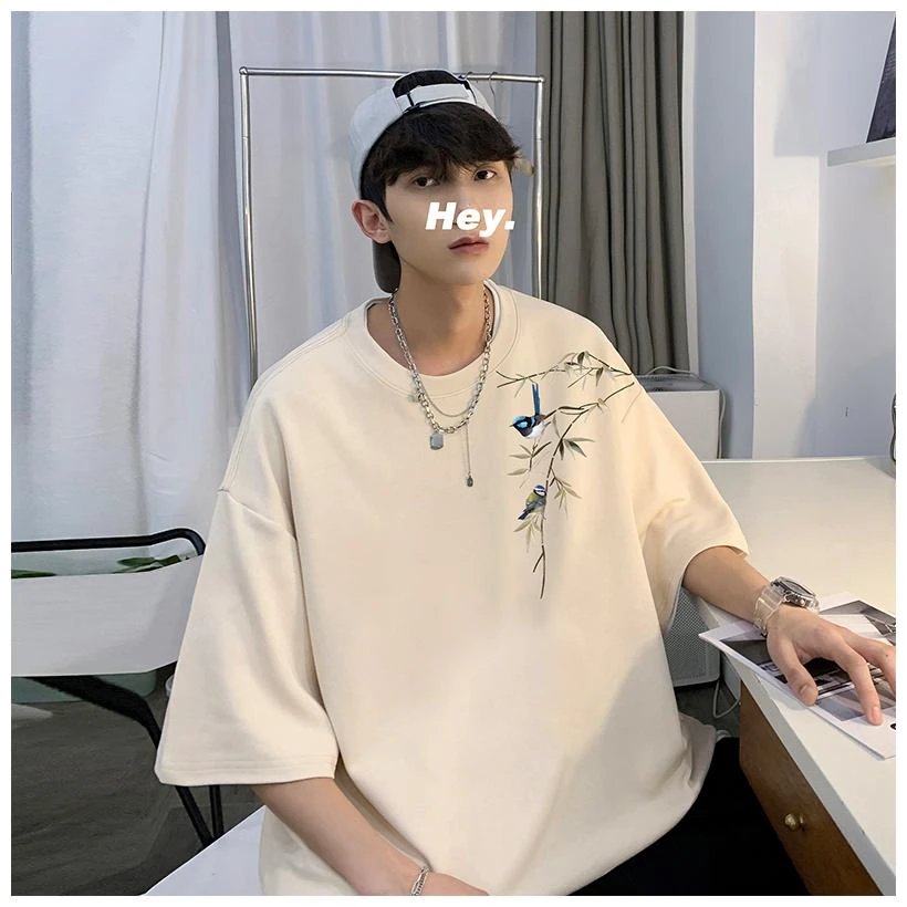 中国风竹叶鸟印花国潮百搭圆领t恤男生国潮短袖t恤潮流