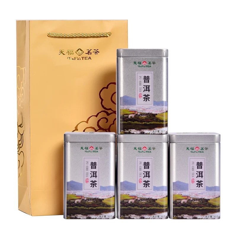 天福茗茶 小方罐云南普洱茶熟茶散茶 200克礼袋装罐装便携小罐