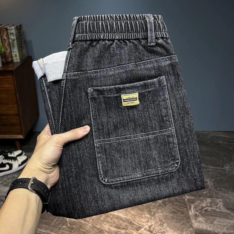 潮流牛仔裤男士秋季新款松紧腰宽松直筒休闲裤潮牌弹力长裤子