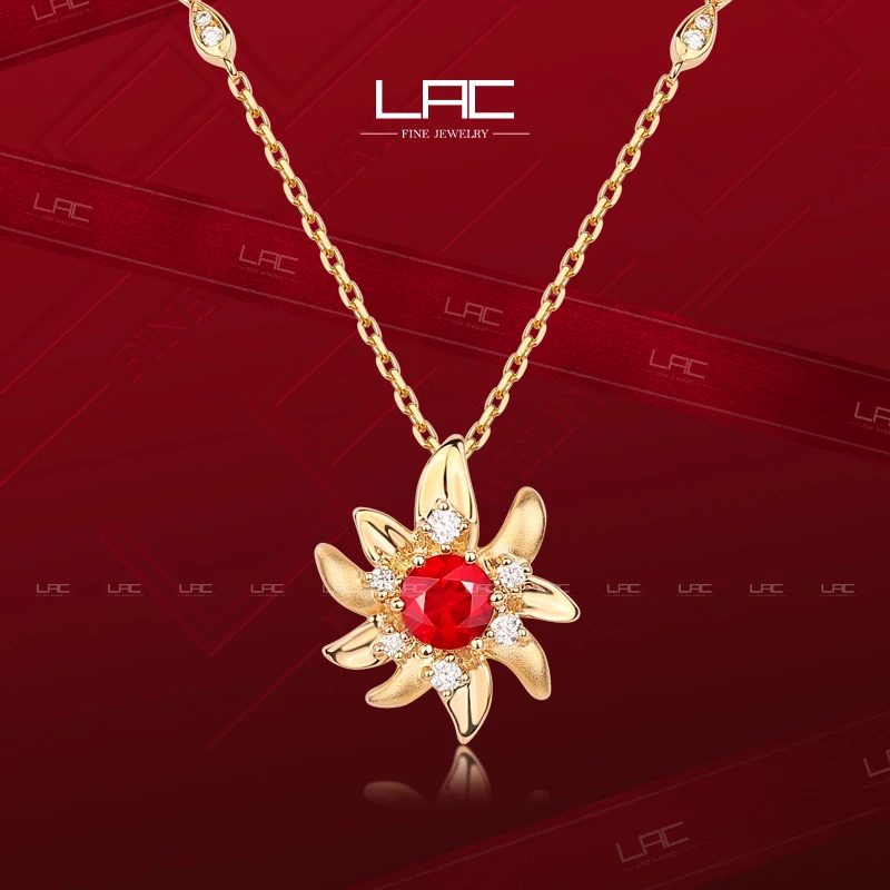 【新品 太阳花开】LAC珠宝 天然红宝石项链女18K黄金镶钻石彩宝