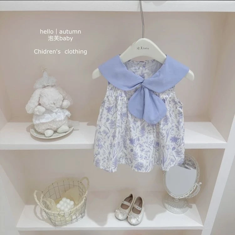 莫奈花园女童翻领连衣裙2025新品洋气女宝宝夏季女小童连衣裙