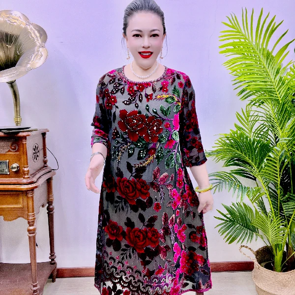 桑蚕丝高贵经典遮肉显瘦气质百搭时尚中长款妈妈装连衣裙43A1787