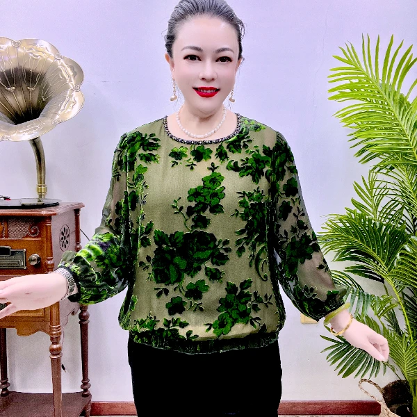 桑蚕丝小衫中老年时尚高档气质百搭减龄洋气显遮肚 显瘦 43A1989