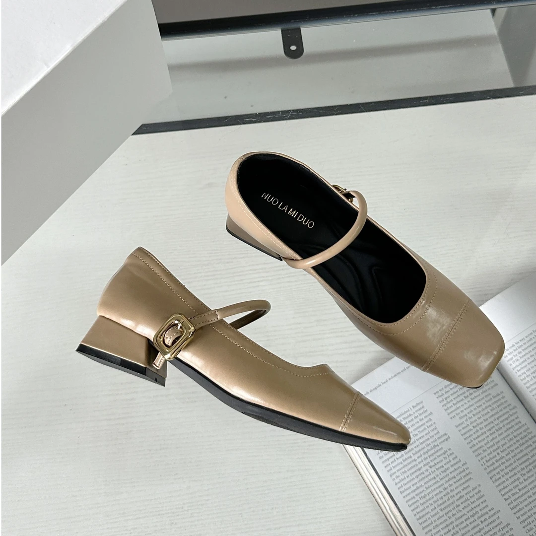 2024早秋新款方头浅口法式玛丽珍百搭气质复古粗跟黑色时尚女单鞋