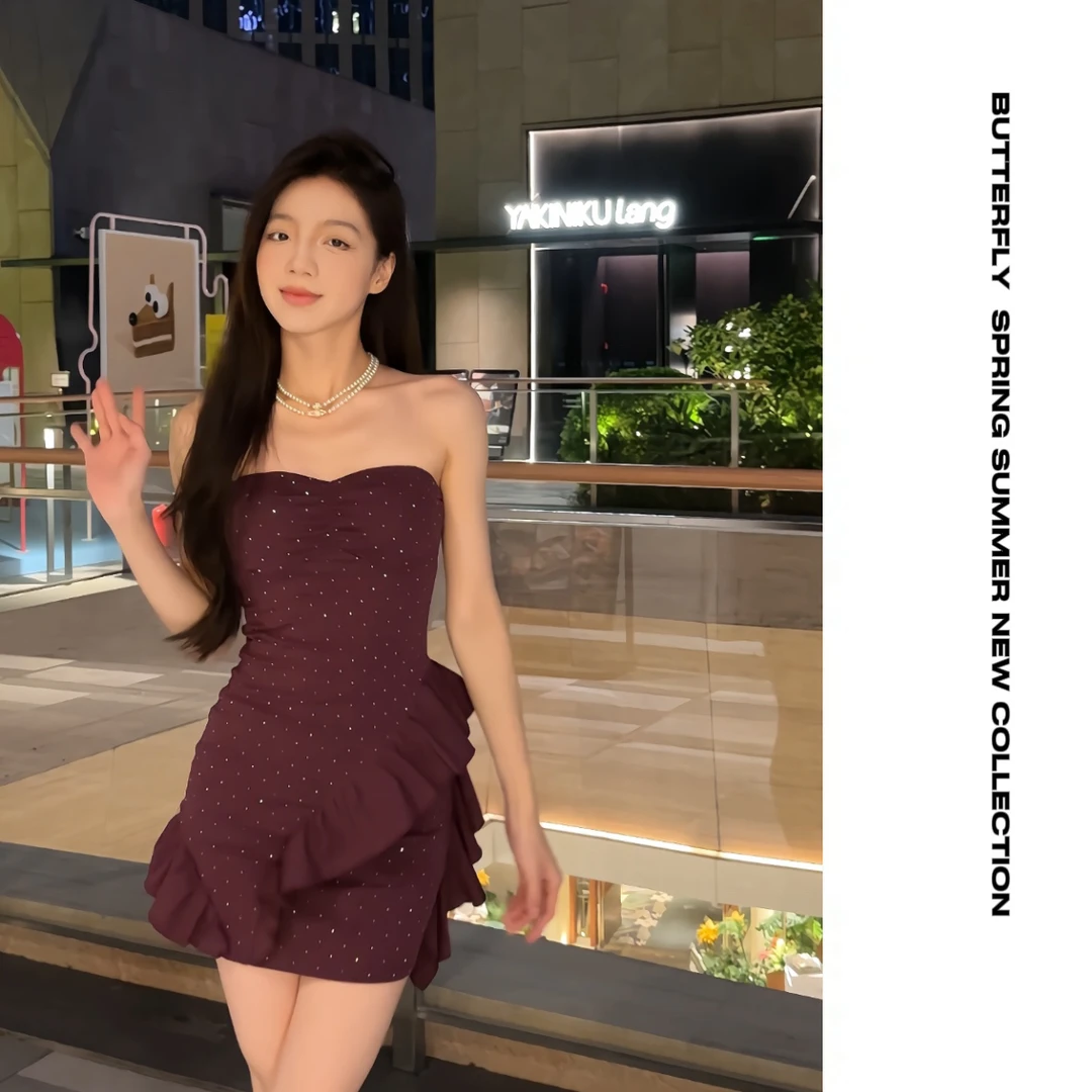 Fancycharm/晚宴千金初秋拼接不规则下摆抹胸连衣裙