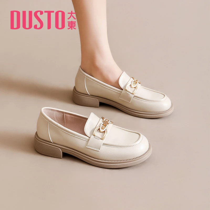 DUSTO/大东圆头乐福鞋2025秋冬新款百搭英伦风女鞋黑色小皮鞋0003