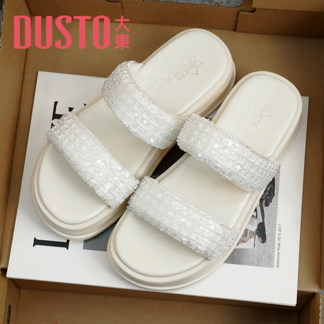 DUSTO/大东凉拖女2024夏季新款中跟平底串珠外穿厚底露趾女鞋0715