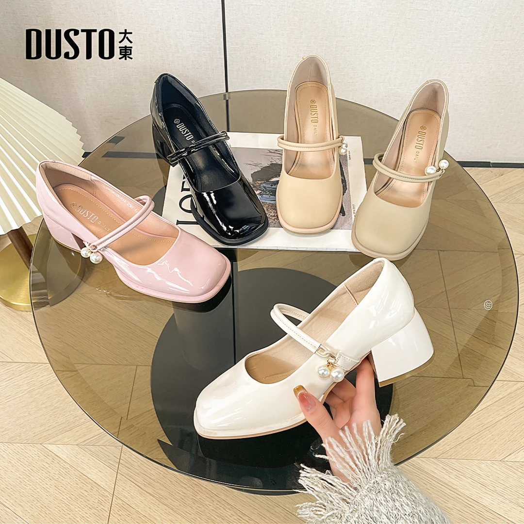 DUSTO/大东玛丽珍鞋女2025夏冬新款方头中跟珍珠单鞋时尚女鞋0021