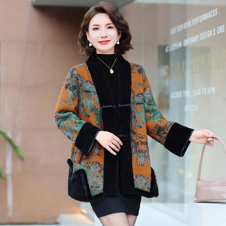 秋冬复古时尚加绒气质妈妈装皮毛一体冬季加厚保暖中国风毛呢外套