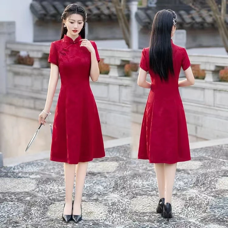 旗开得胜中式妈妈送考旗袍显瘦修身重工中国风旗袍中长款旗袍裙