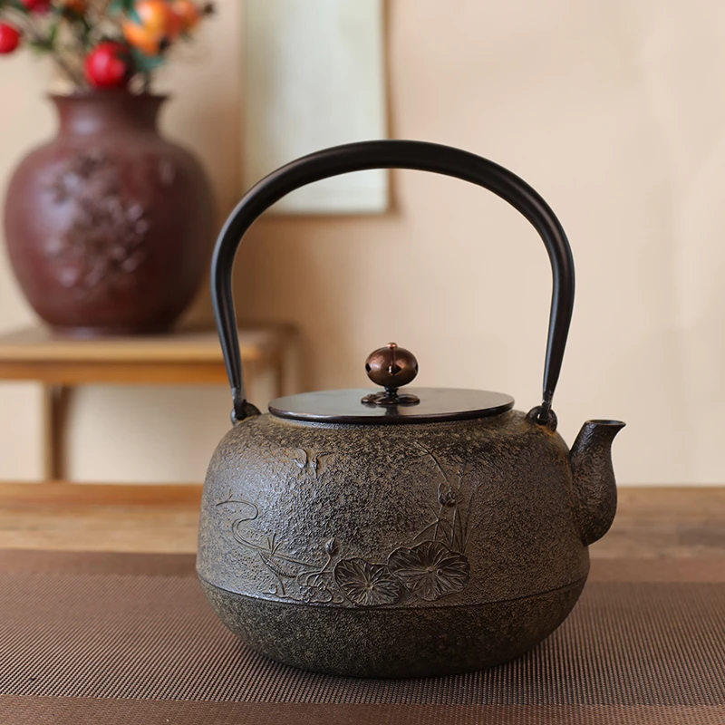铁壶纯手工砂铁壶家用烧水煮茶壶复古黄肌老铁壶荷塘
