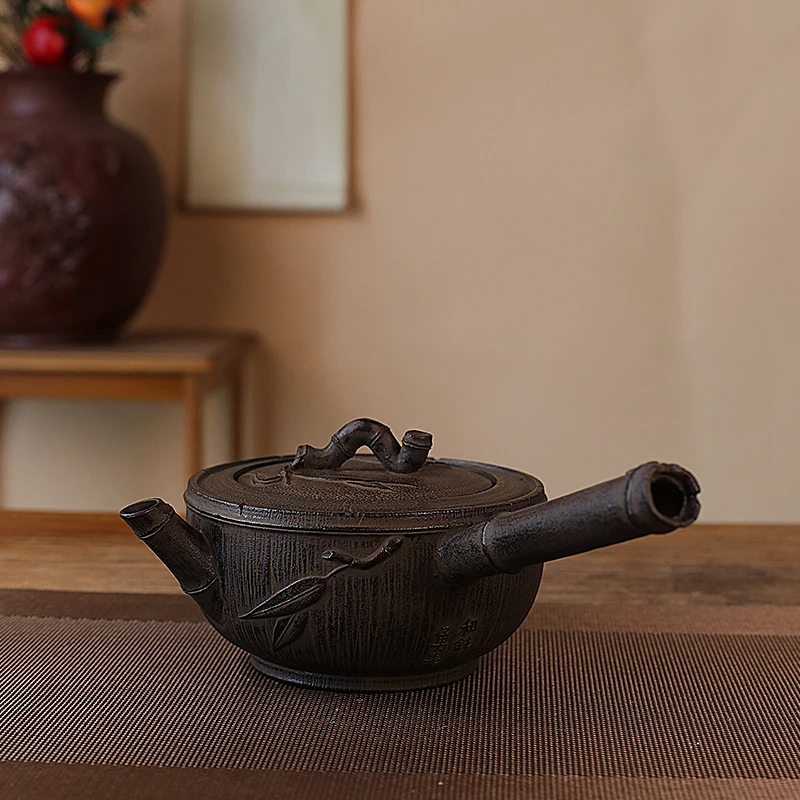 关西铁瓶正品赤目砂和铣砂铁竹节大侧把铁壶煮水壶烧水壶