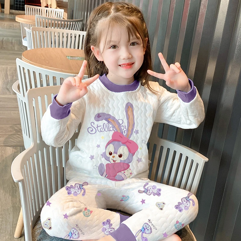 儿童保暖内衣套装纯棉女童秋衣卫生裤三层夹棉加厚星黛露婴儿毛线