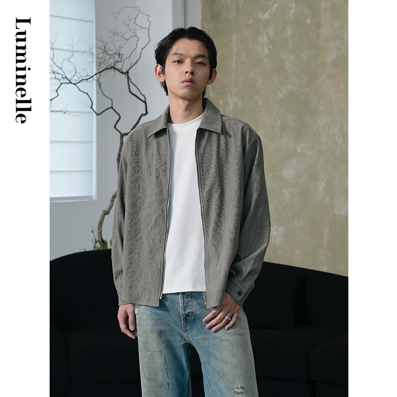 Luminelle 树皮纹褶皱肌理感长袖衬衣秋季简约宽松拉链衬衫外套