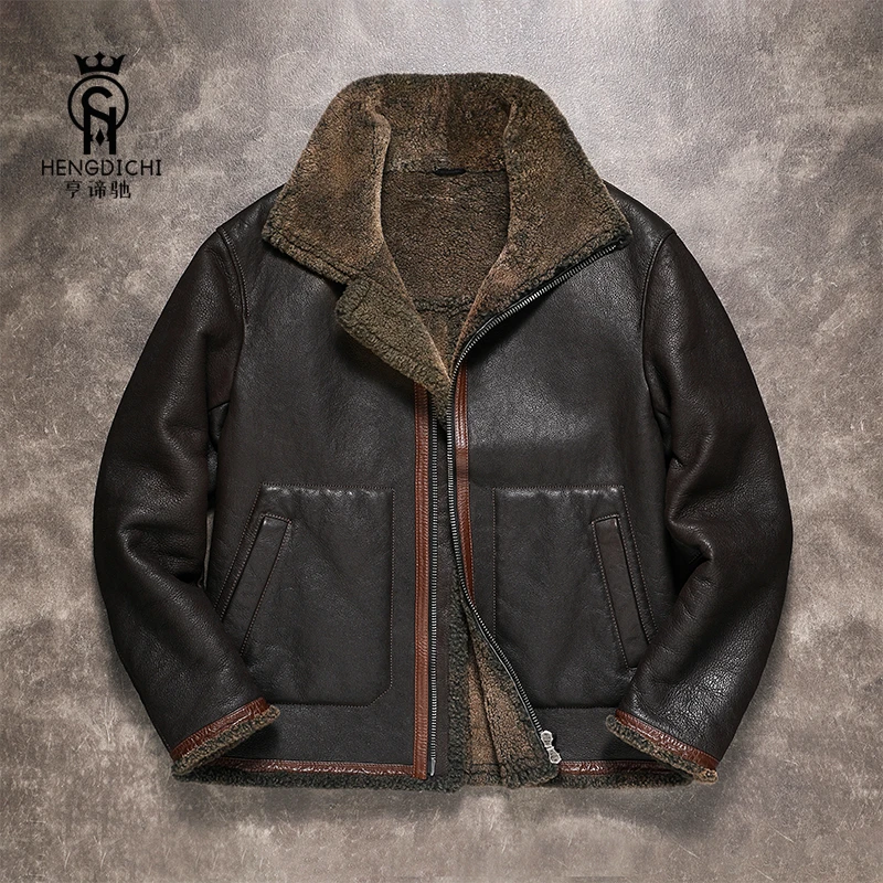 醇植浆染男士皮毛一体原生态翻领冬季新款复古做旧高档皮夹克外套