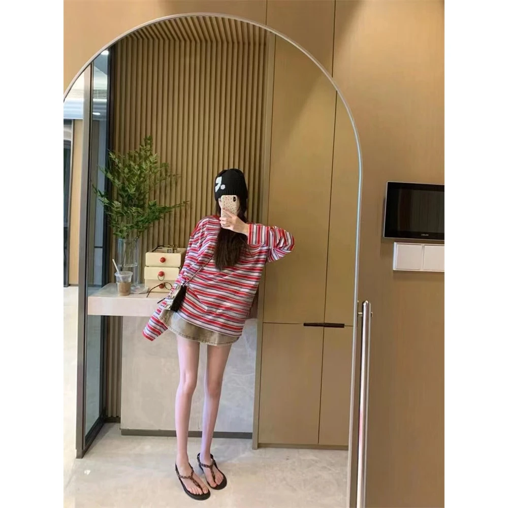 美式复古红色条纹长袖T恤女秋季2024新款宽松慵懒小众设计感上衣