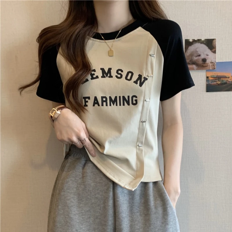 辣妹不规则拼色短袖t恤女2024新款夏季法式洋气显瘦港味小众上衣