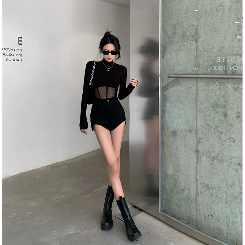 新款黑色时尚网纱衫女款修身显瘦长袖t恤女连体衣网纱打底衫上衣