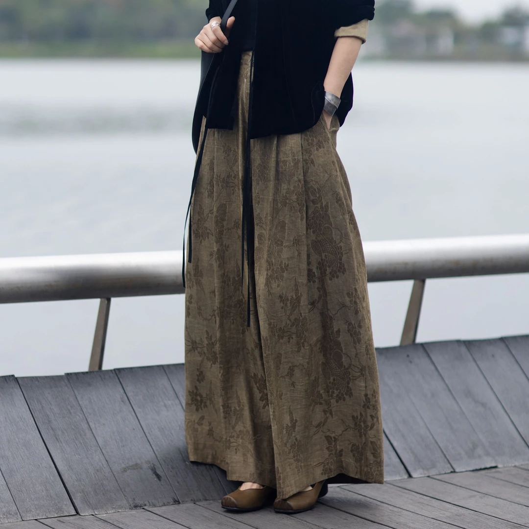 Li Wang/里望设计师款 丝麻小鸟提花复古潮流女士阔腿裤