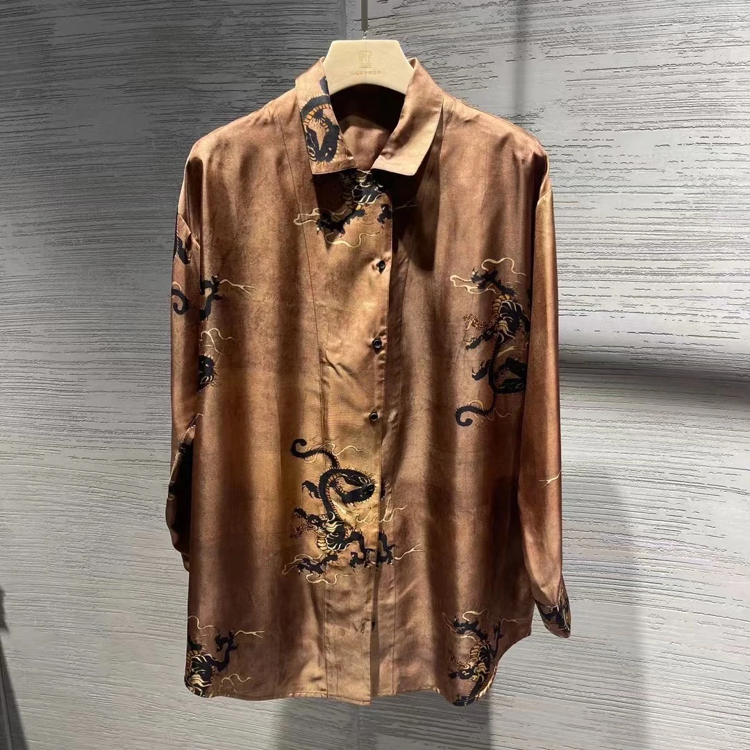 Li Wang/里望龙纹呈祥系列优雅印花衬衣 设计感做旧春青果领