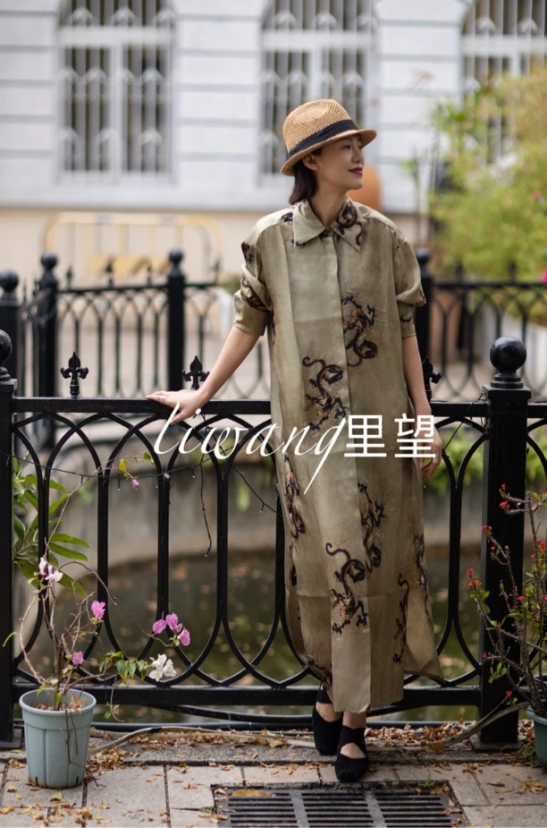 Li Wang/里望2025设计师款 龙纹呈祥 吉祥如意 复古衬衫领长裙