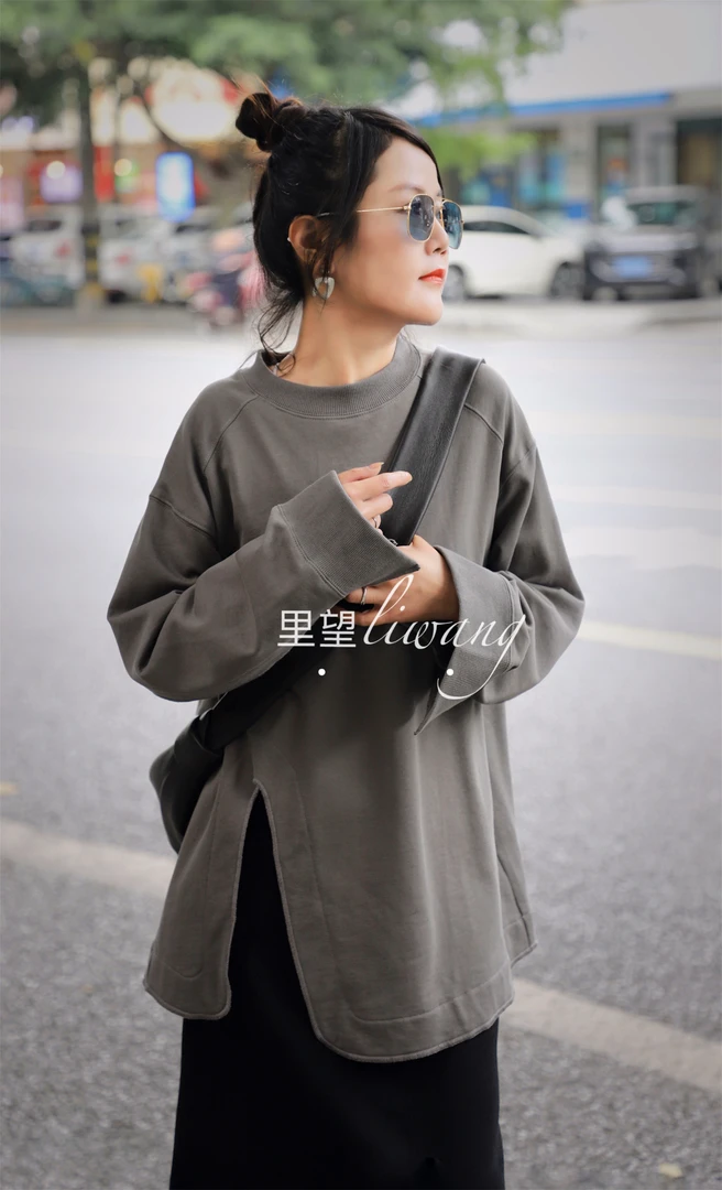 Li Wang/里望时髦利落雅灰色 百搭款休闲宽松卫衣上衣韩版春秋