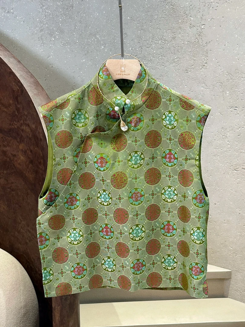Li Wang/里望设计师款 翠绿 撞色萝中式无袖复古领彩色马甲上衣