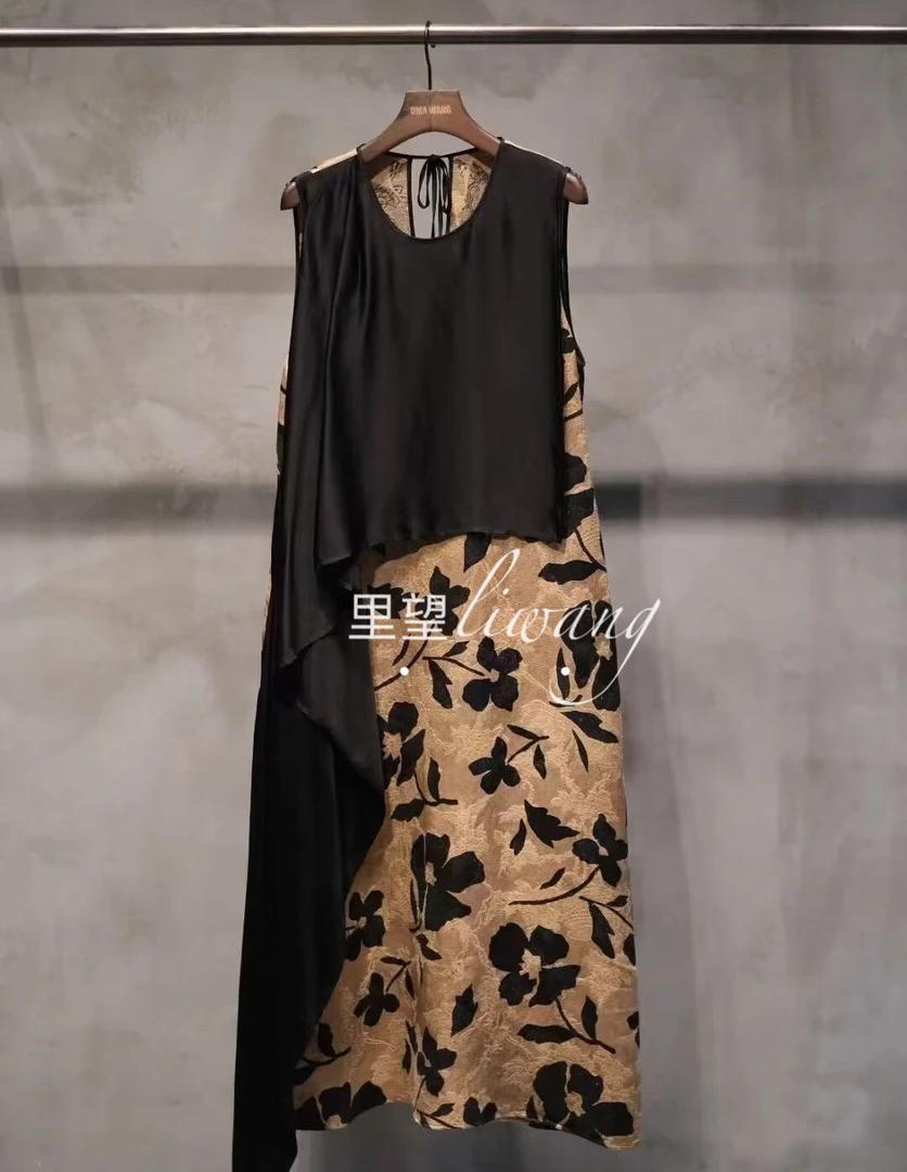Li Wang/里望2023设计师款 小众复古裙子丝麻炒色背心连衣裙