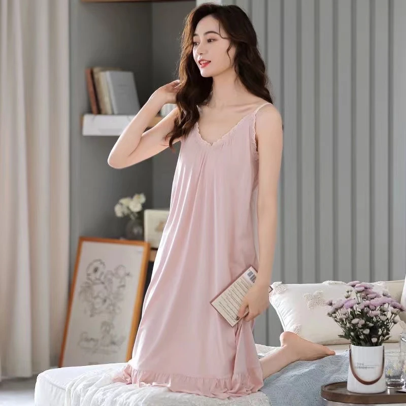 莫代尔睡裙女夏季吊带套头中长裙子休闲睡衣女士2024年新款连衣裙