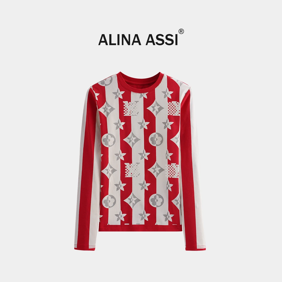 条纹拼色长袖t恤女秋冬设计感时髦红色上衣内搭洋气打底衫YM3739