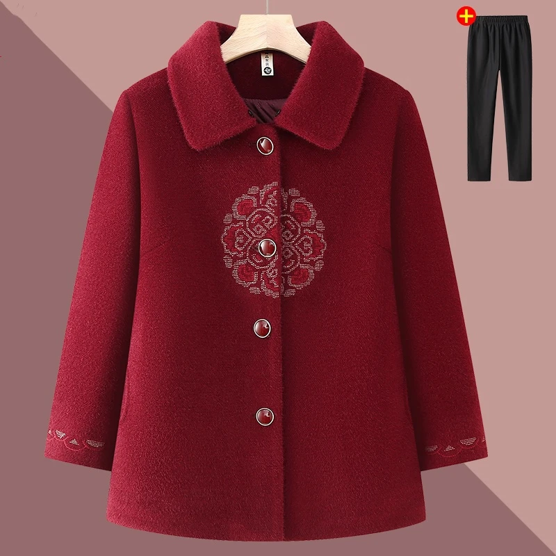 奶奶秋冬翻领外套老太太绣花大码上衣女70岁妈妈气质宽松毛呢衣服