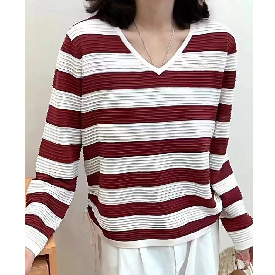 【晴姐】M1331肌理感条纹圆领长袖针织T恤