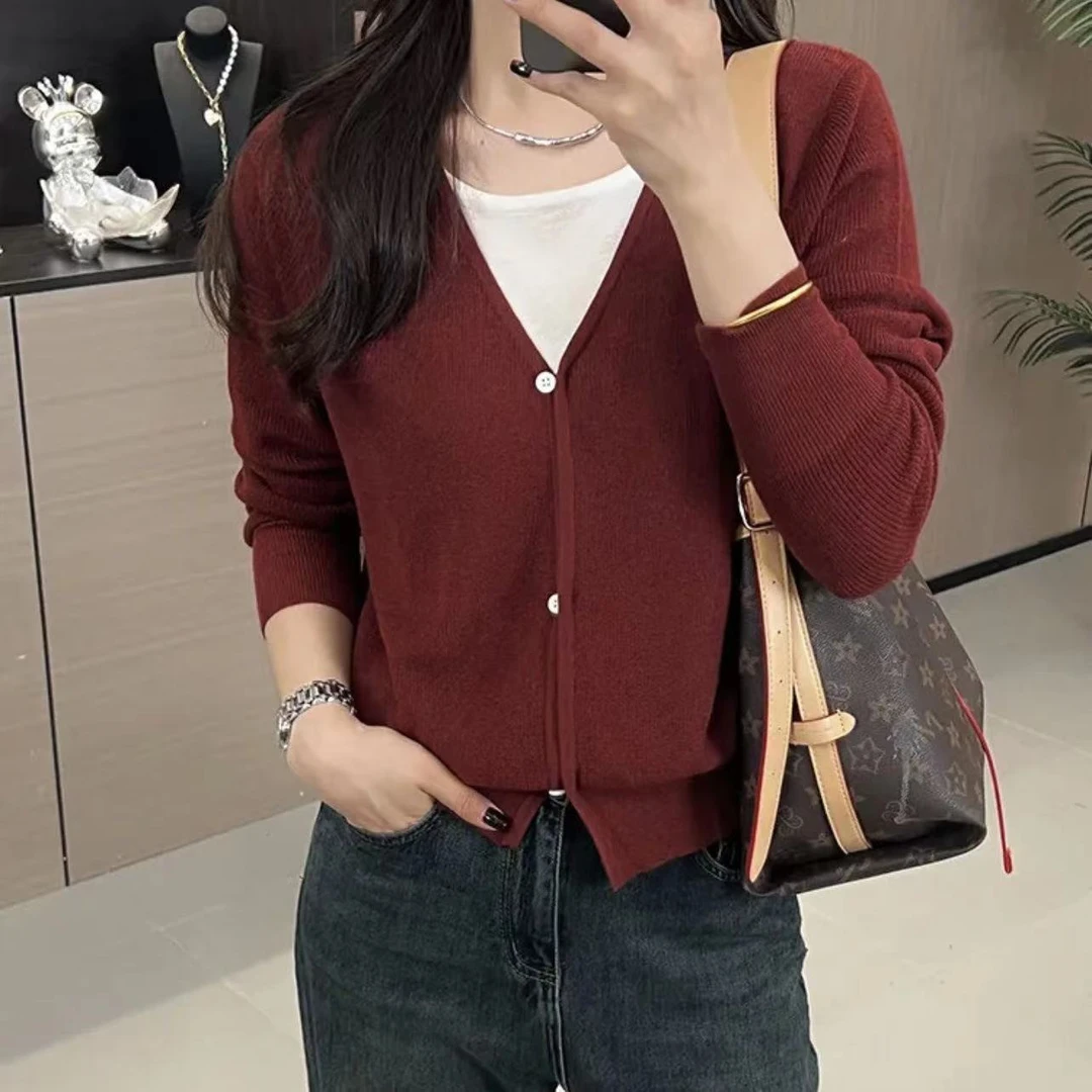 【晴姐】M1039 假两件V领洋气时尚针织开衫