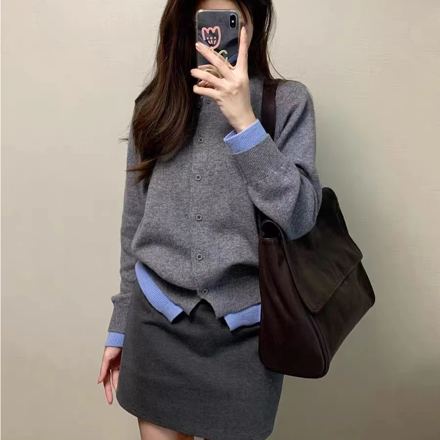 【晴姐】M1367 灰色慵懒风假两件软糯针织毛衣圆领开衫