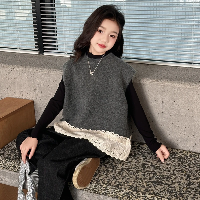 女童马甲两件套春秋季2024新款洋气儿童中大童英伦风小女孩打底衫