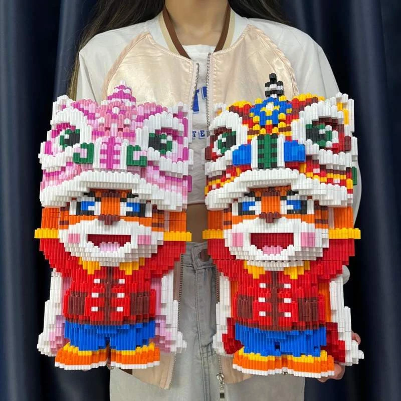 【福利拍一发二】国潮醒狮小老虎拼插装积木益智玩具男孩简单手工