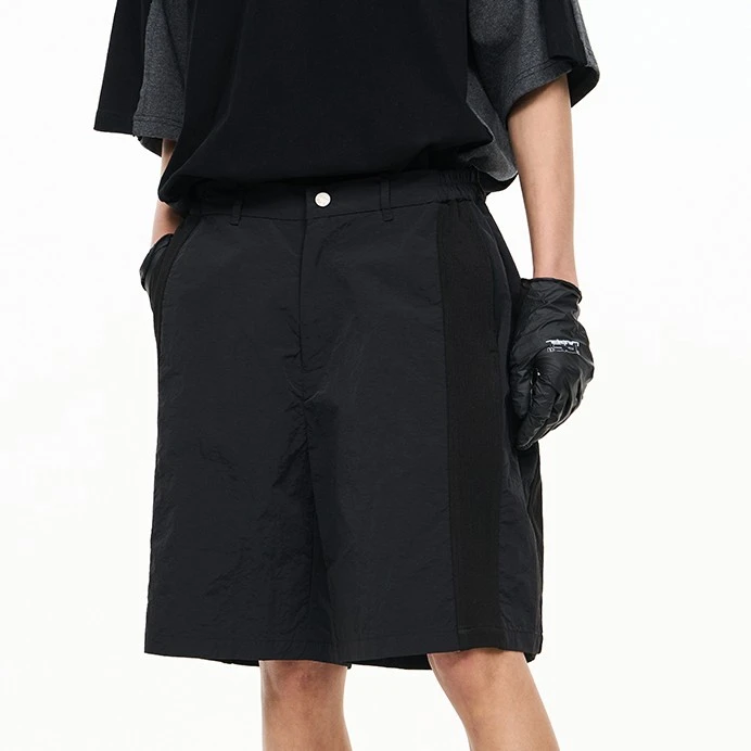 RELABEL 23SS黑色尼龙螺纹错误拼接条纹短裤新款运动百搭休闲裤潮