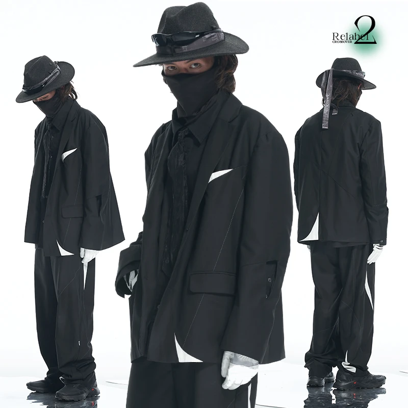 RELABEL 21AW几何切割黑白撞色拼接镂空宽松廓形西服外套