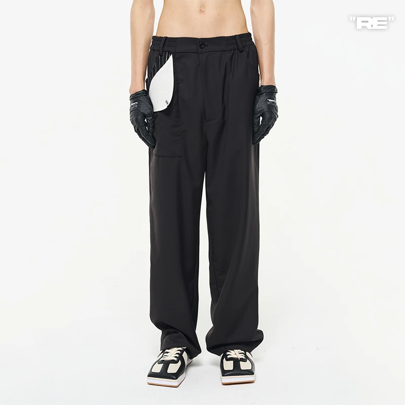 RELABEL 22AW黑色拼接条纹橡筋腰可翻折结构口袋休闲西裤