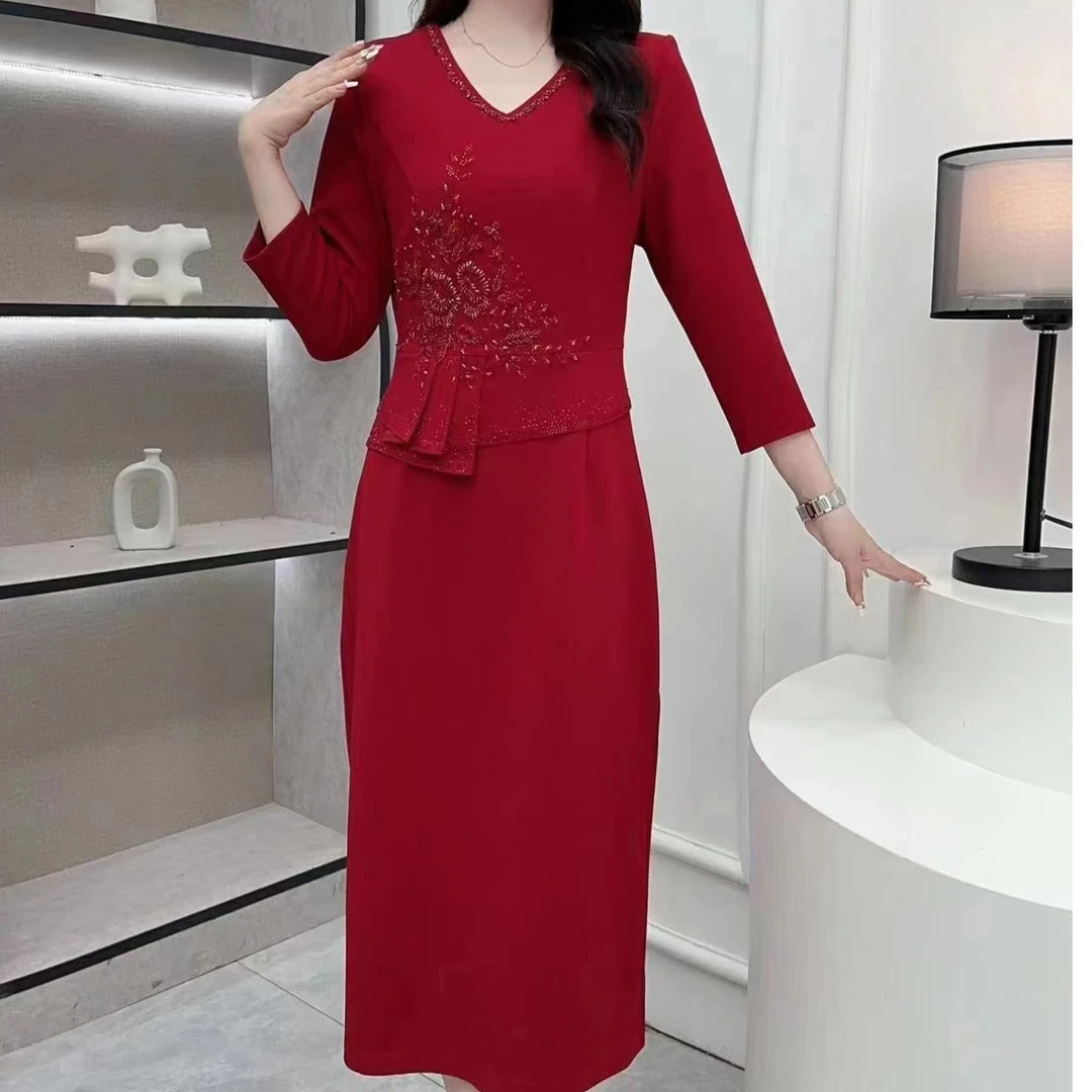 新款高贵气质喜婆婆喜妈妈中袖连衣裙婚礼礼服长裙改良旗袍