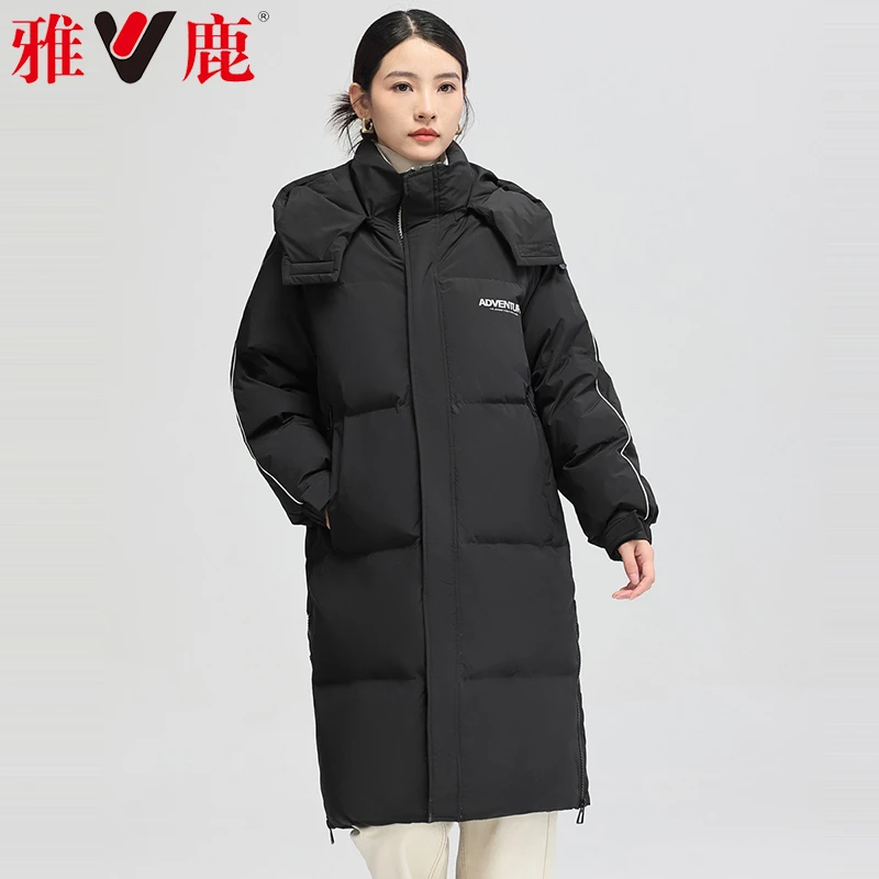 雅鹿女士中长款羽绒服女连帽宽松鸭绒服简约时尚休闲冬装外套